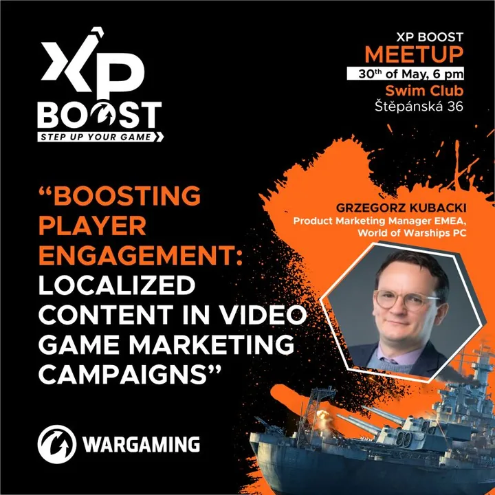 XP Boost Meetup speaker card: Grzegorz Kubacki, Boosting Player Engagement, localized content in video game marketing campaigns